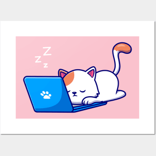 Cute Cat Sleeping And Working On Laptop Posters and Art